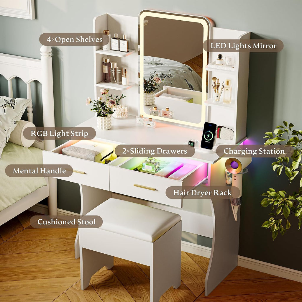 Makeup Vanity Desk with LED Lights and Mirror, Vanity Table Set with Charging Station&Cushioned Stool, 3 Lighting