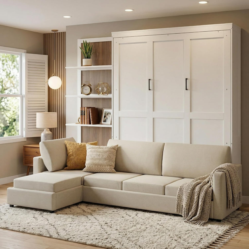 Queen Murphy Bed, Wood Queen Wall Bed with Sofa and Shelves, White