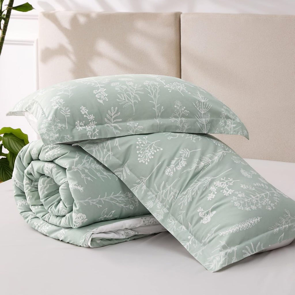 Comforter Set - Sage Green Bed Set, 3 Pieces Cute Floral Bedding