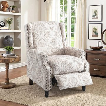Wingback Floral Pushback Recliner Chair, Beige, Set of 1 | Cotton Linen Fabric | High-Density Foam Seat | Solid Wood