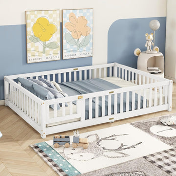 Full Size Montessori Floor Bed with Slats, Door and Guardrails, White | Low Profile Montessori Bed with Fence, Easy
