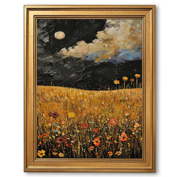 Gold Framed Yellow Wildflowers Field Painting Abstract Night Sky Moon Wall Art Canvas Print Vintage Floral Picture