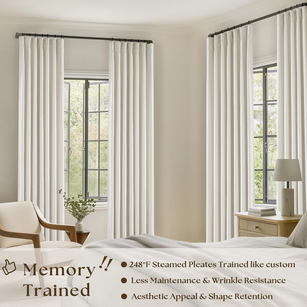 Natural 100% Blackout Pinch Pleated Linen Curtains 63 Inch Long with Liner