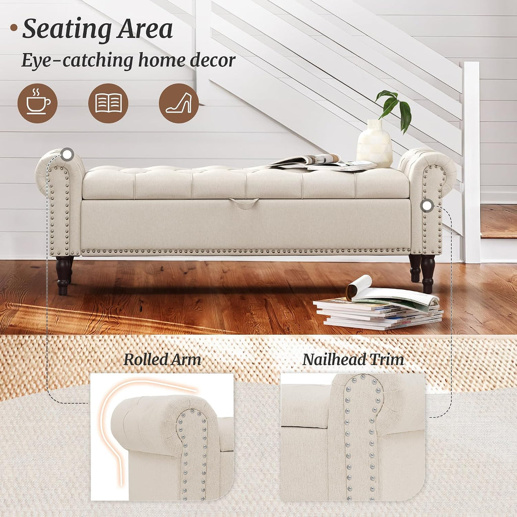 Storage Bench Ottoman, 61" King Linen Rolled Arm Bedroom End of Bed Bench, Window Bench with Button Tufted and