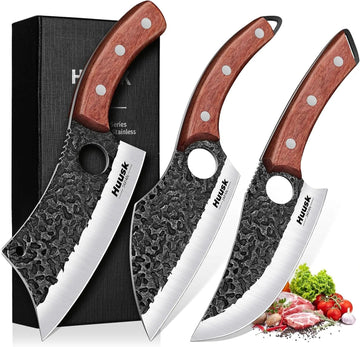 Butcher Knife Set of 3 - Japanese Knife Set for Meat Cutting | Hand Forged Viking Knives Sets with Meat Cleaver