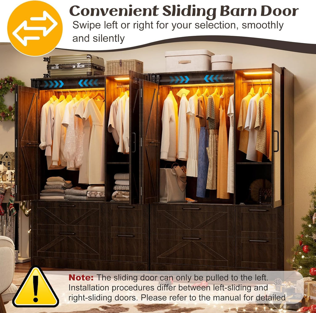 Armoire Wardrobe Closet with w/Folding Sliding Barn Door | Bedroom Armoires with Mirror and LED Lights, Hanging Rod