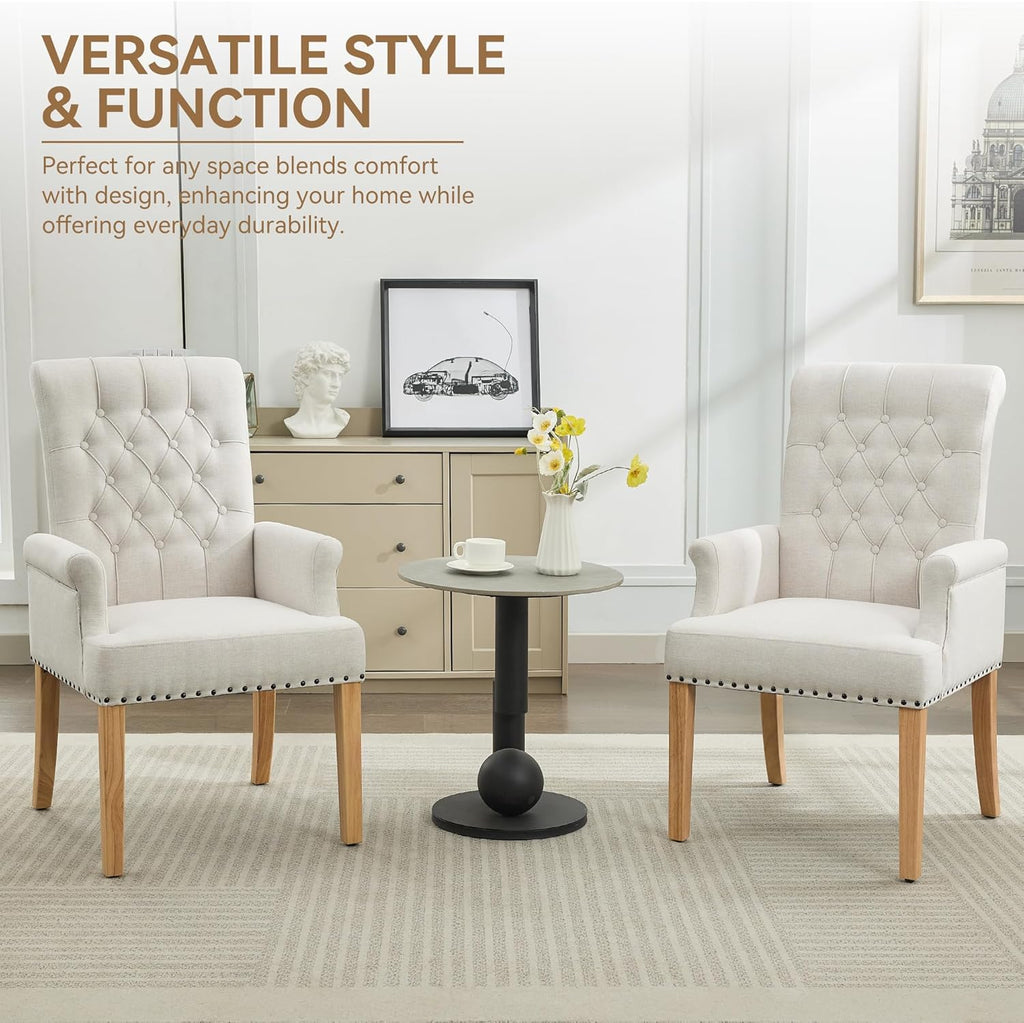 Fabric Dining Chair with Arms, Upholstered Tufted High Back Dining Room Chairs, Accent Armchair with Solid Wood Leg