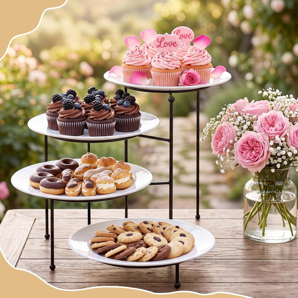4 Tiered Serving Stand with 4 White Porcelain Plates 10 Inch Round Trays Black Metal Dessert Stand Rotating Serving