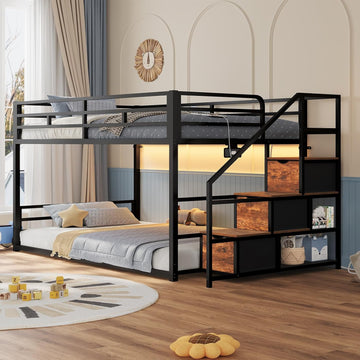 Low Bunk Bed Twin Over Twin with Storage Staircase, Drawers & Shelves