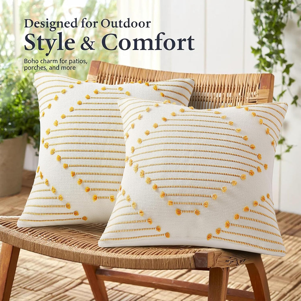 Boho Summer Outdoor Throw Pillow Covers 12X20 Set of 2, Farmhouse Lumbar Pillow Covers, Yellow & White