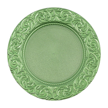 100Pcs Green Charger Plates Bulk, 13in Antique Plastic Embossed Dinner Plate, Round Phoenix Pattern Elegant Floral