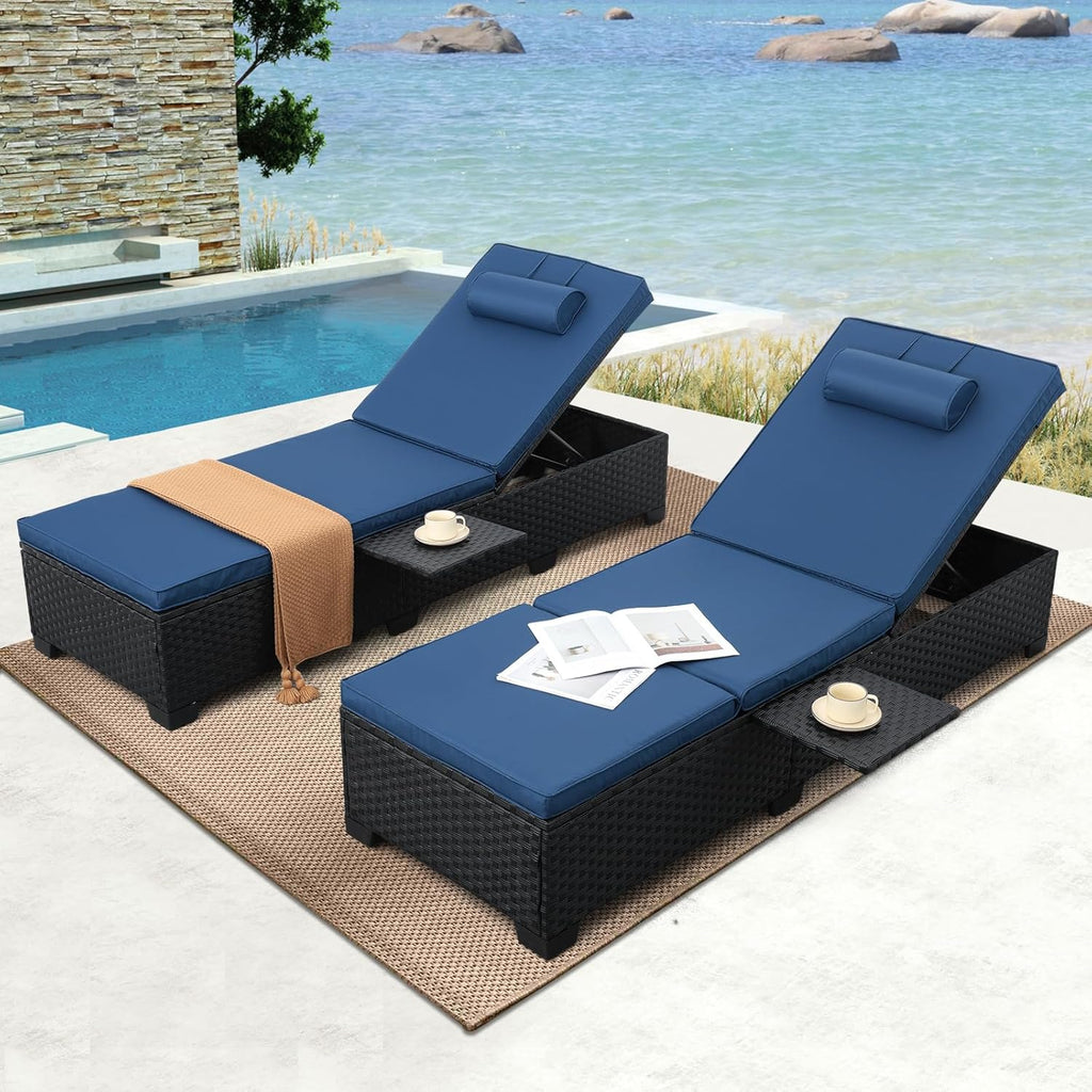 Outdoor Chaise Lounge Chairs for Outside Patio Furniture Set of 2 Wicker Recliner Black Rattan Sunbathing Lounger