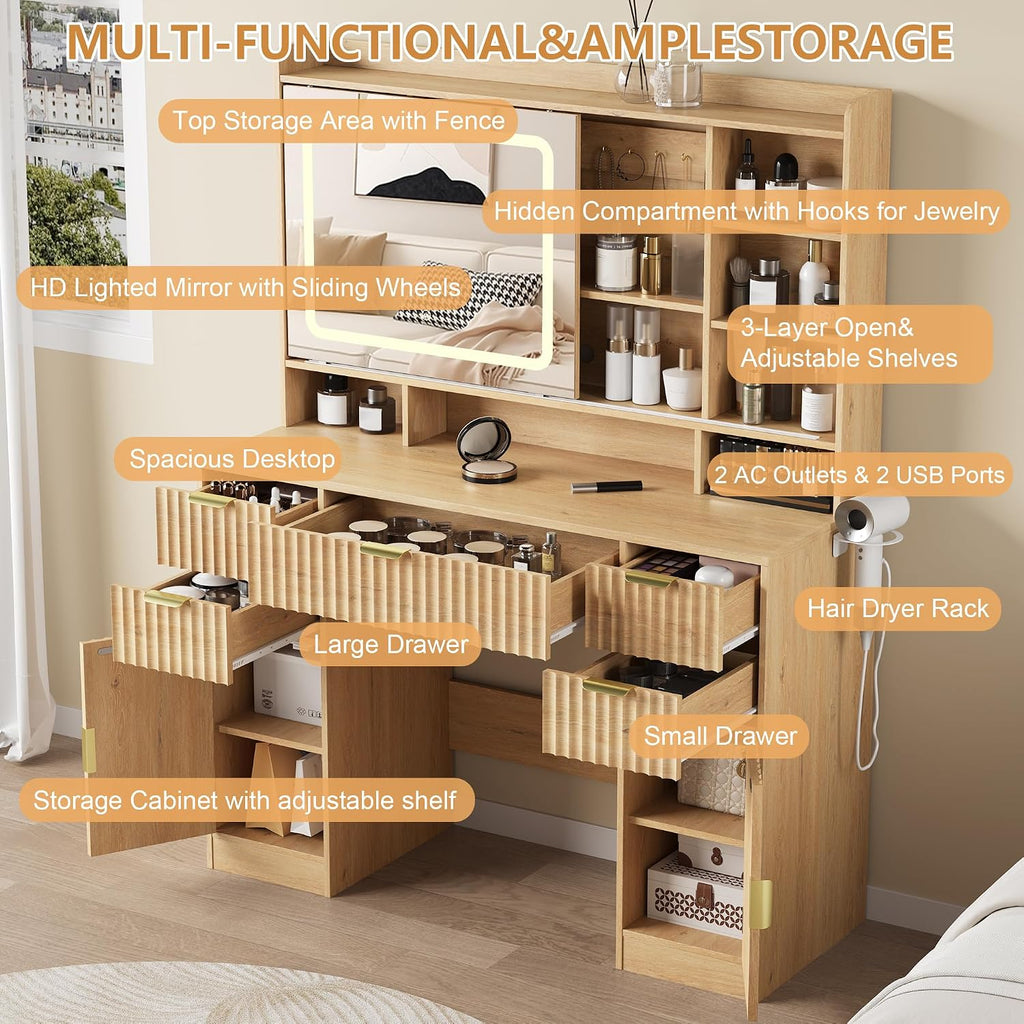 Makeup Vanity Desk with Mirror, Fluted Vanity with 5 Drawers and 2 Cabinets & Open Shelves and Power Outlet & Sliding