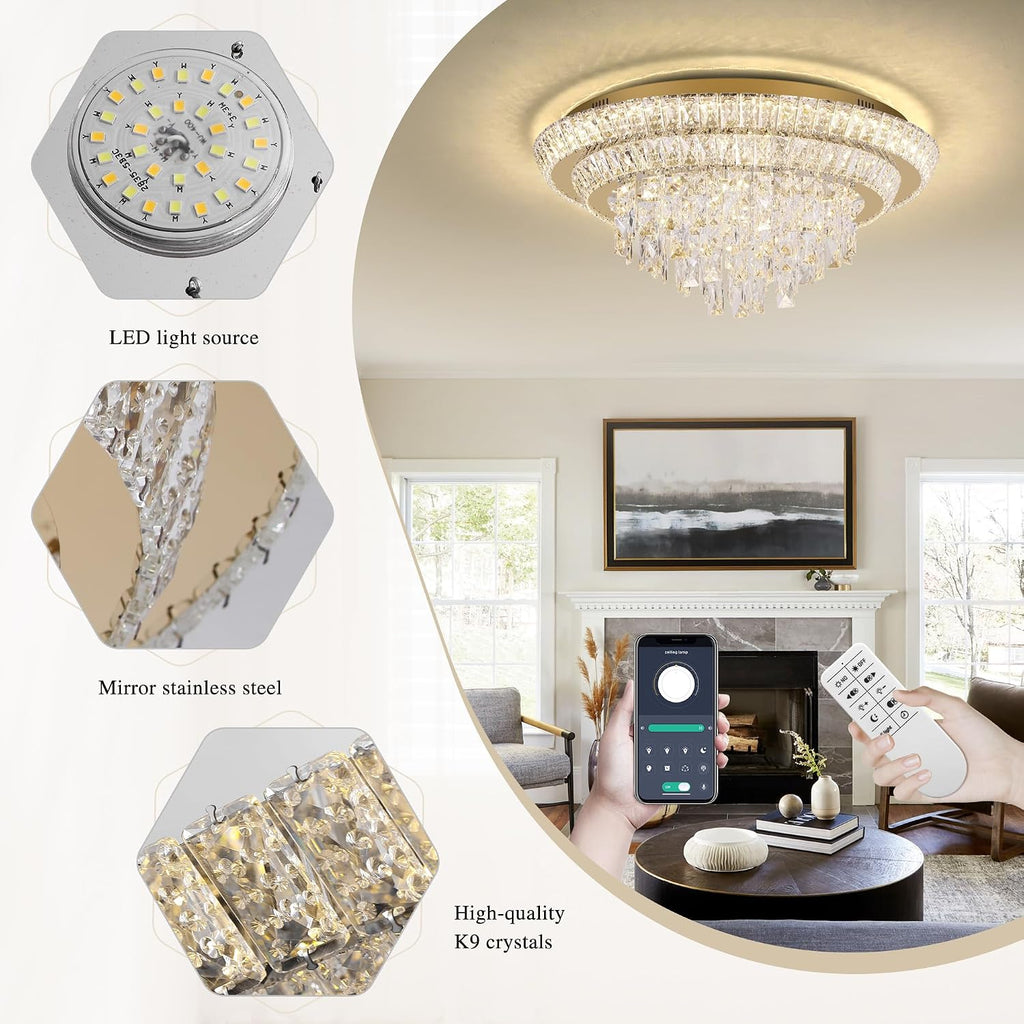24 inch Flush Mount Crystal Chandelierse with Remote and APP Gold, Modern Elegant LED Crystal Raindrop Ceiling Light