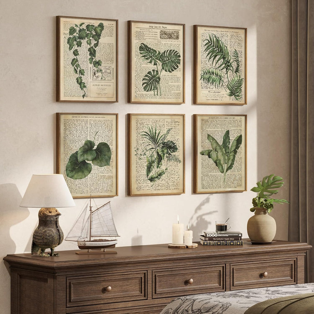 Framed Vintage Botanical Wall Art, Set of 6 Green Leaf and Fern Canvas Painting Prints, Rustic Farmhouse Plant