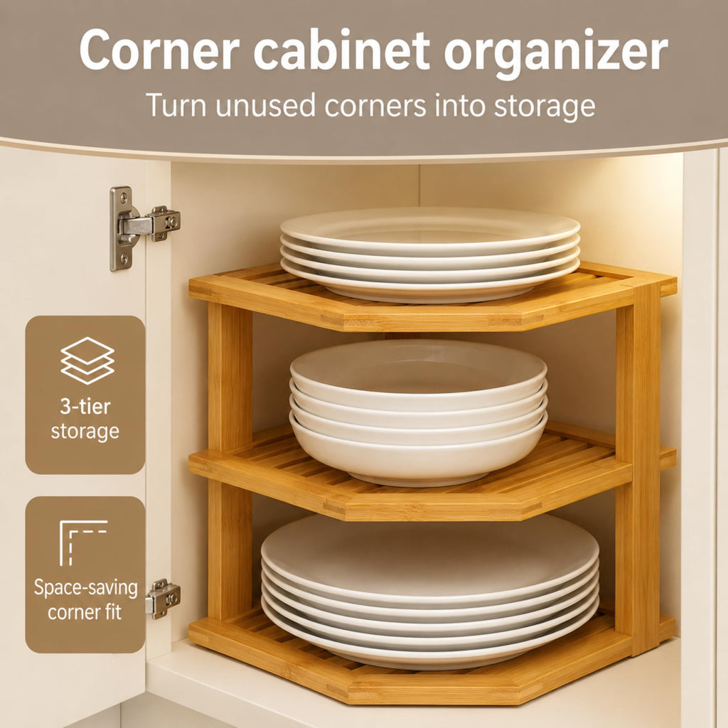 Corner Plate Organizer for Cabinet, Bamboo 3-Tier Kitchen Cabinet Organizer