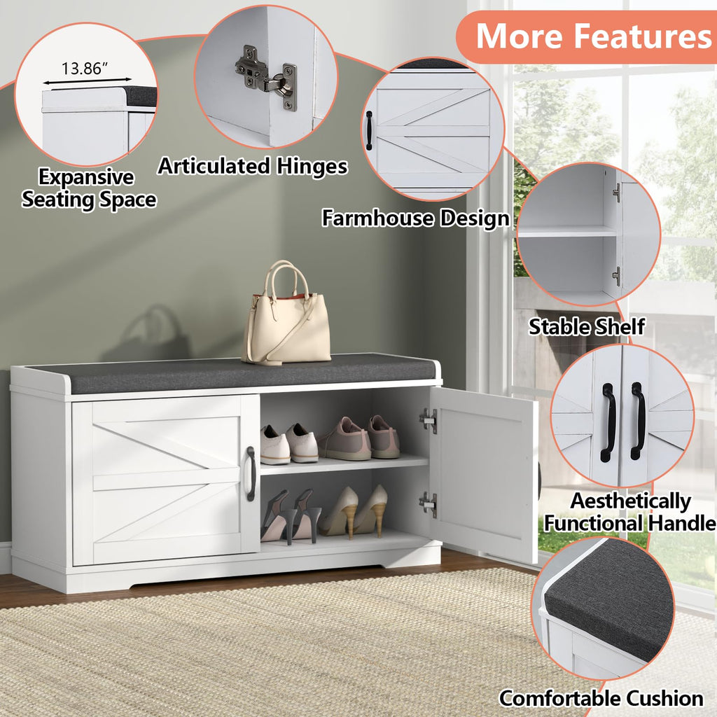 Shoe Storage Bench, 2-Tier Farmhouse Entryway Bench with Padded Seat Cushion, 13.78" D x 39.37" W x 19.69" H, Slim