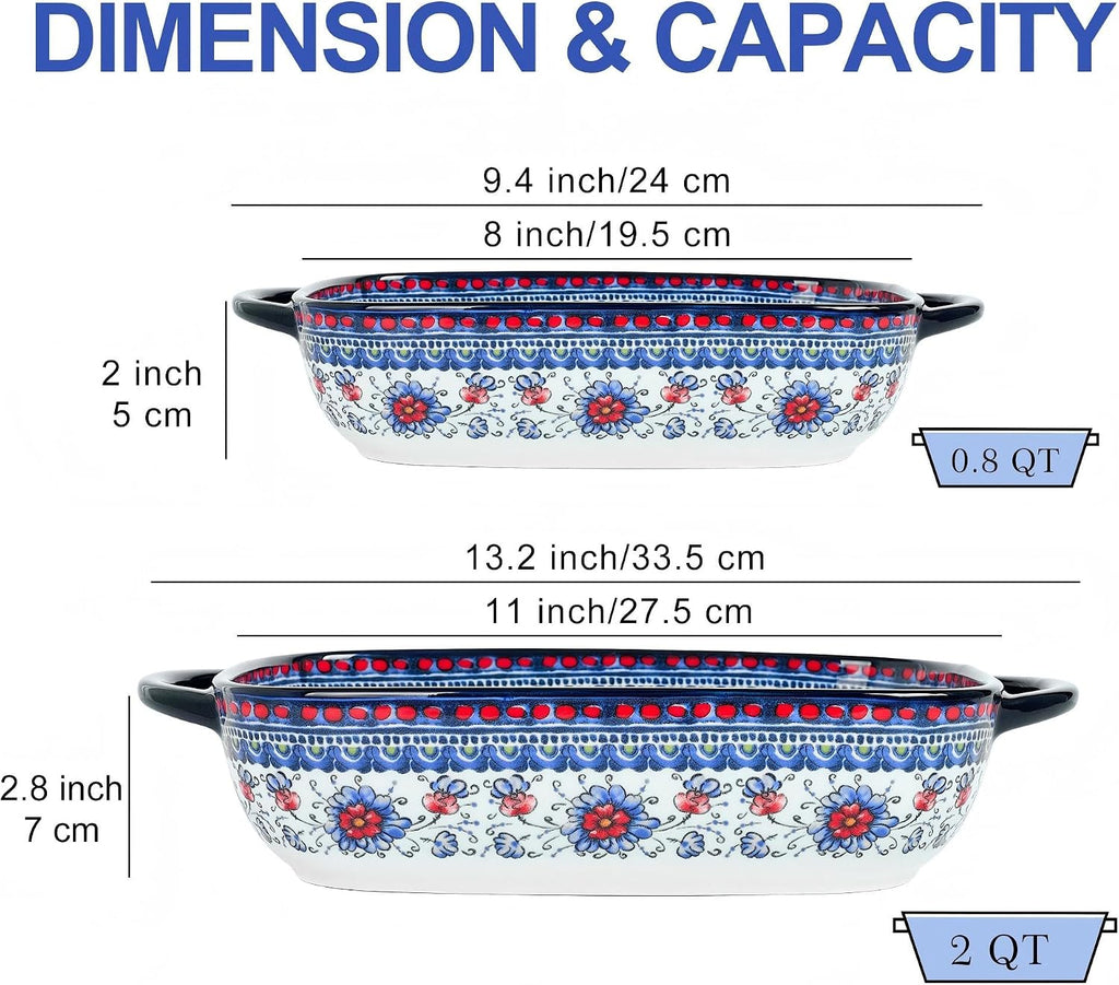 Ceramic Casserole Dishes for Oven, Hand-painted Polish Pottery Dish Set of 2, 0.8QT / 2QT Porcelain Casserole Dishes