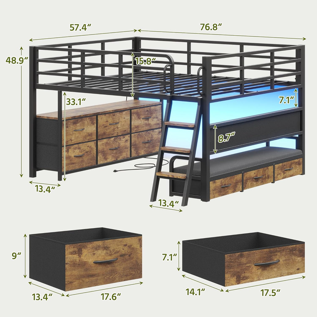 Full Low Loft Bed with Desk,Full Bed Frame with 9 Storage Drawers