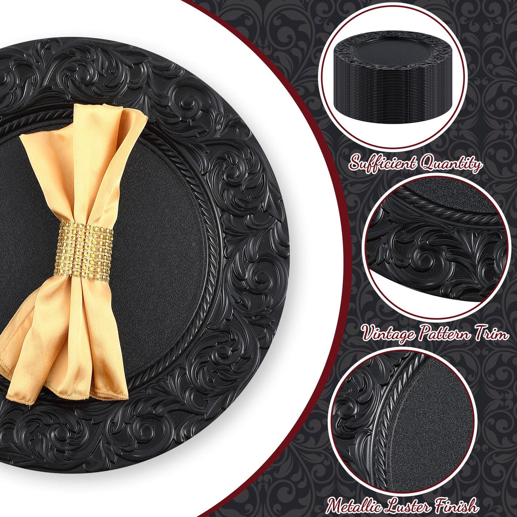 50 Pcs Black Charger Plates Bulk 13'' Antique Plastic Chargers