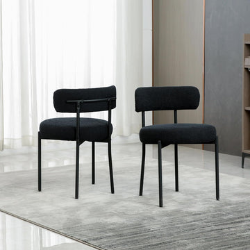 Black Boucle Dining Chairs Set of 2, Mid Century Modern Kitchen Chairs with Curved Backrest and Metal Legs