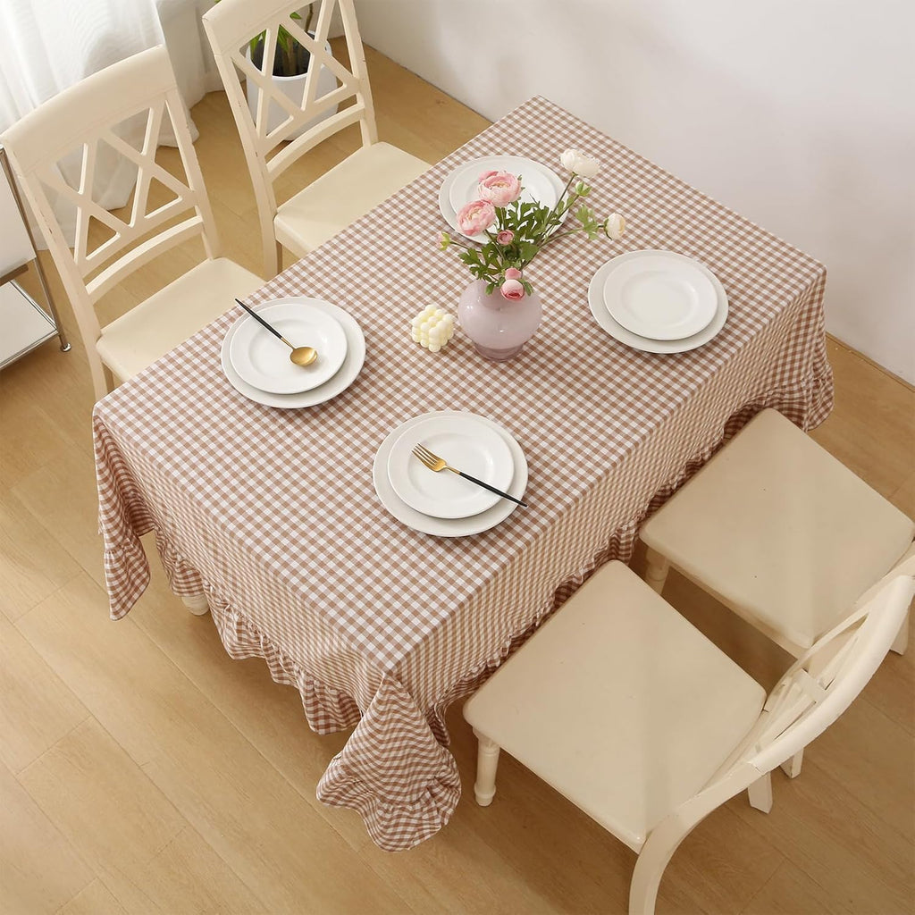 Taupe White Gingham Ruffled Table Cloth Rectangular for Seat 8-10, 100% Washed Cotton Buffet Cottage