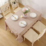 Taupe White Gingham Ruffled Table Cloth Rectangular for Seat 8-10, 100% Washed Cotton Buffet Cottage