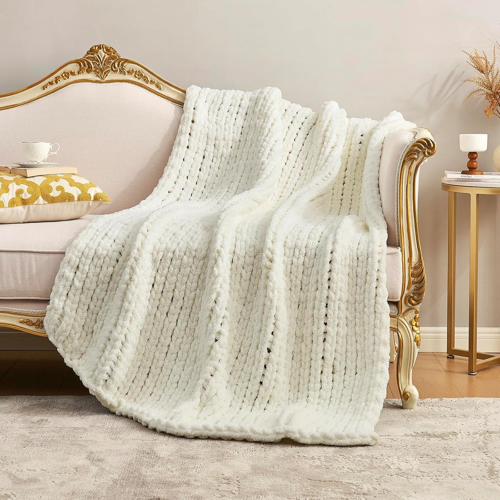 Chunky Knit Throw Blanket, Soft Chenille Handmade Crochet Throw Rope Knit Blanket, 40"x50", Ivory