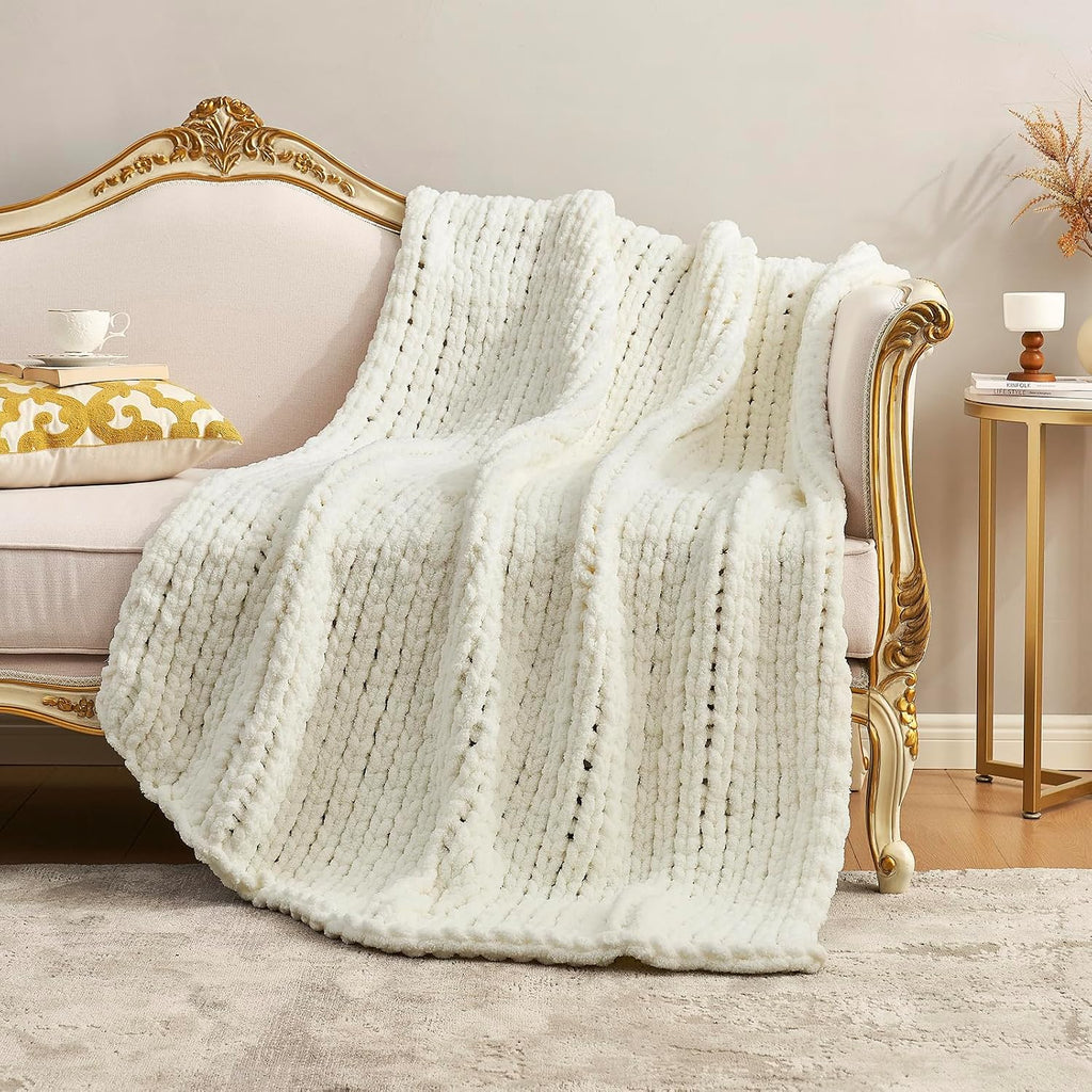 Chunky Knit Throw Blanket, Soft Chenille Handmade Crochet Throw Rope Knot Blanket, 50"x60", Ivory