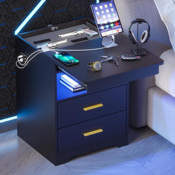 LED Night Stand with Gun Drawer , Charging Bedside Table with USB & Type-C Port, Modern End Table with Human Sensor