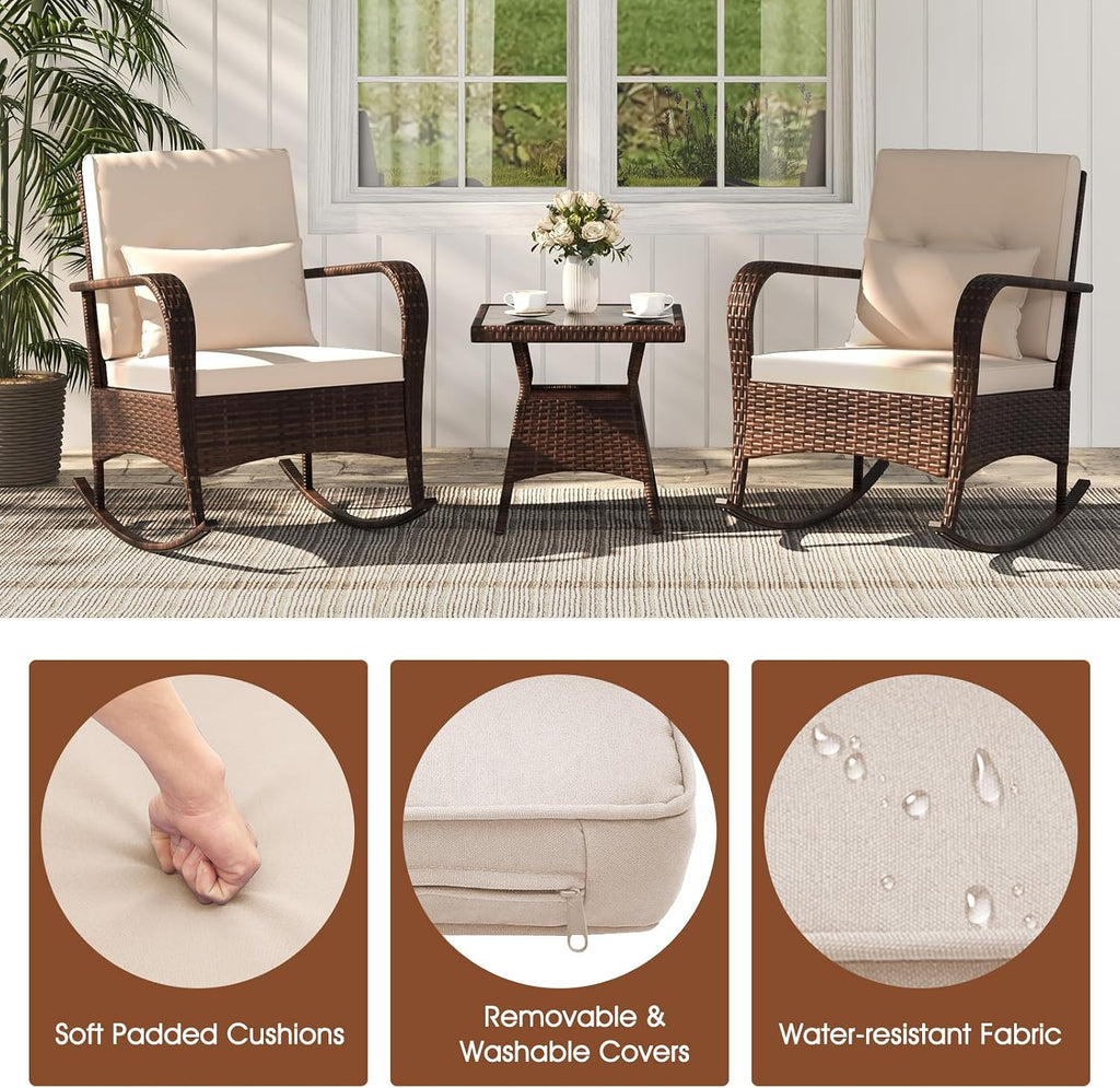 3 Pieces Outdoor Wicker Rocking Chair, Patio Furniture Set (Beige) | with Cushions, Pillows, Glass Coffee Table