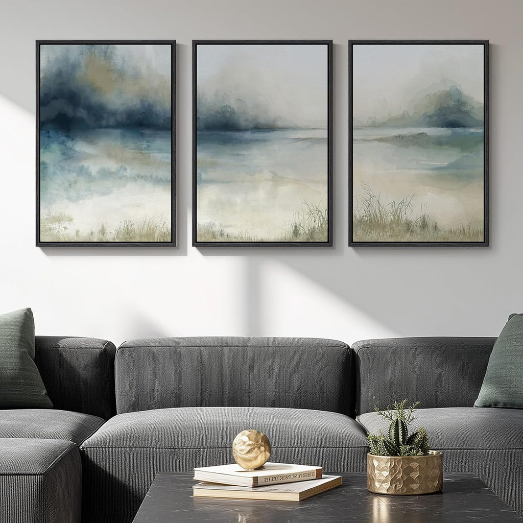 Large Framed Blue Nature Landscape Wall Art, 3 Piece 24x36 - Set of 3