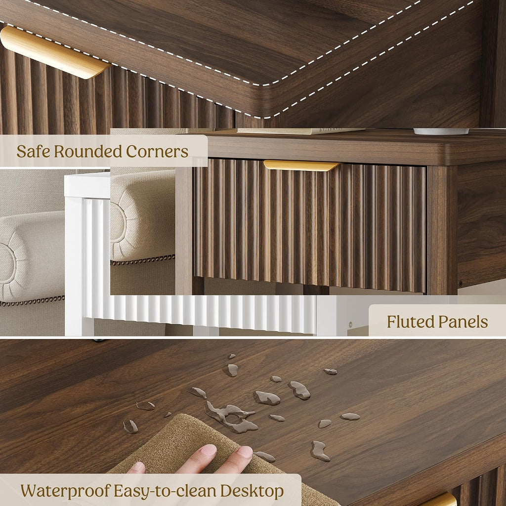 Night Stand Set 2, Fluted Nightstand with Charging Station, Wood Modern Bedside End Table with Storage Drawer , Save