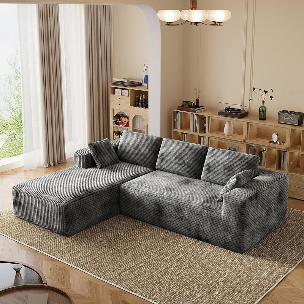 106" Corduroy Sectional Couch, Boneless L Shaped Couch with Deep Seat, Cloud Foam Sofa with Oversized Chaise