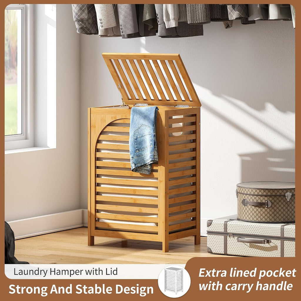 Laundry Hamper with Lid (16.9 * 13 * 26.5inches) Large Bamboo Laundry Bin Basket 85L Clothes Hamper with 1 Removable
