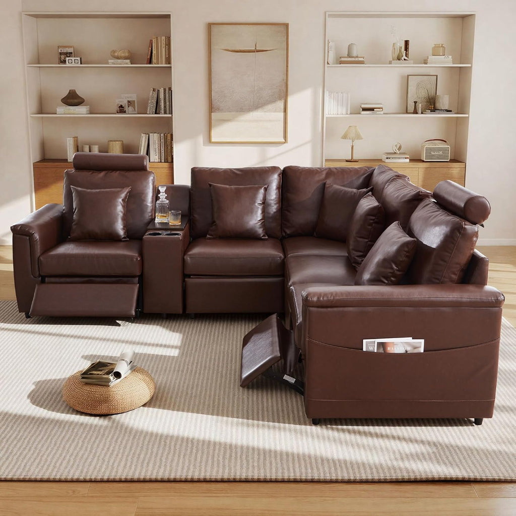 Modern Faux Leather Armless Power Recliner Sofa Seat for Modular Sectional Couch -Dark Brown