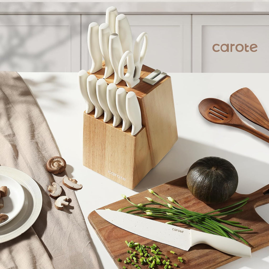 15-Piece Knife Set, Wood Block with Built-In Sharpener, Cream | Stainless Steel Knives, Ceramic Nonstick Coating