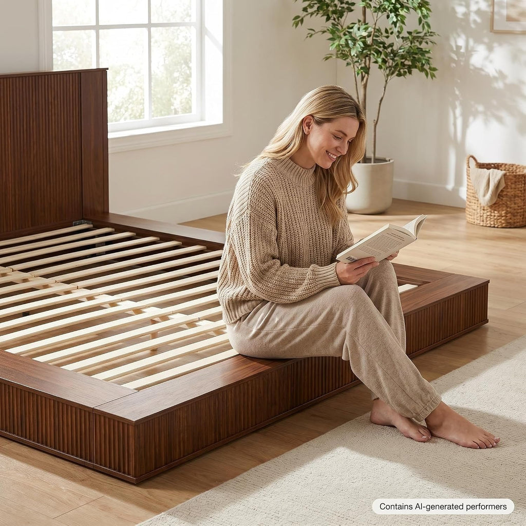 Japanese Wooden Floor Bed Frame Queen with Walnut Headboard