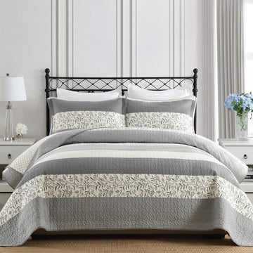 Striped Quilt, Gray White Vintage Vine Quilt Set