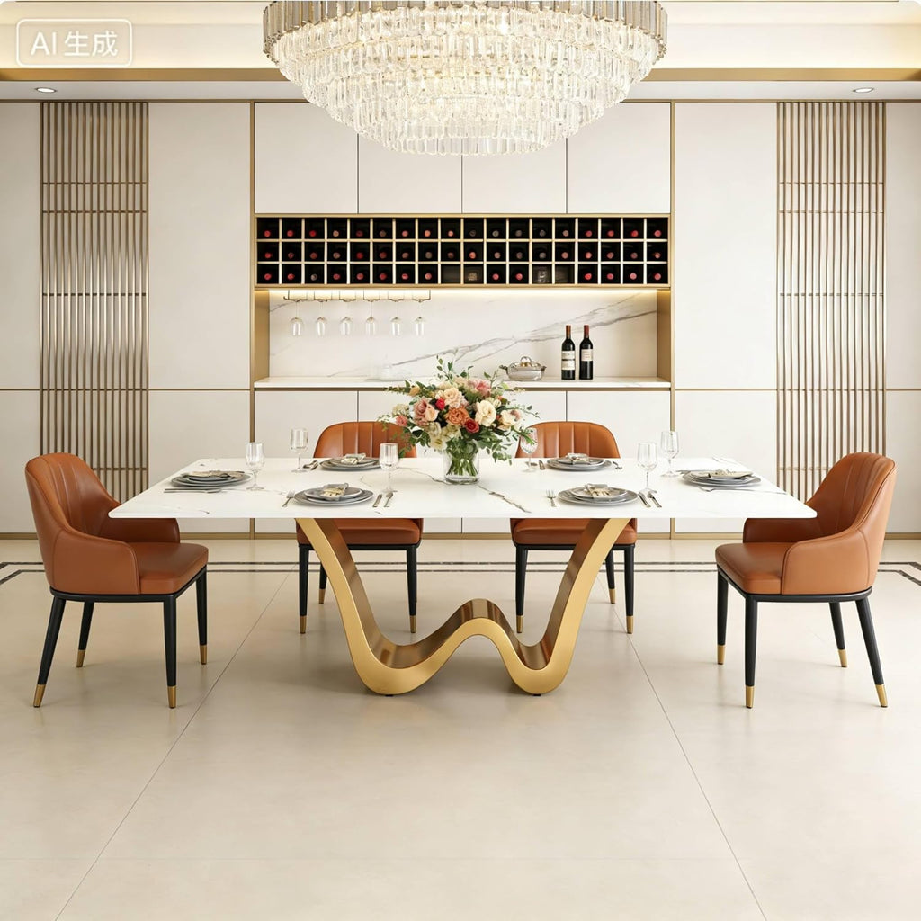 78.74" Sintered Stone Dining Table for 6-8, Modern Luxury White & Gold Rectangle Kitchen Table with Stone Slate