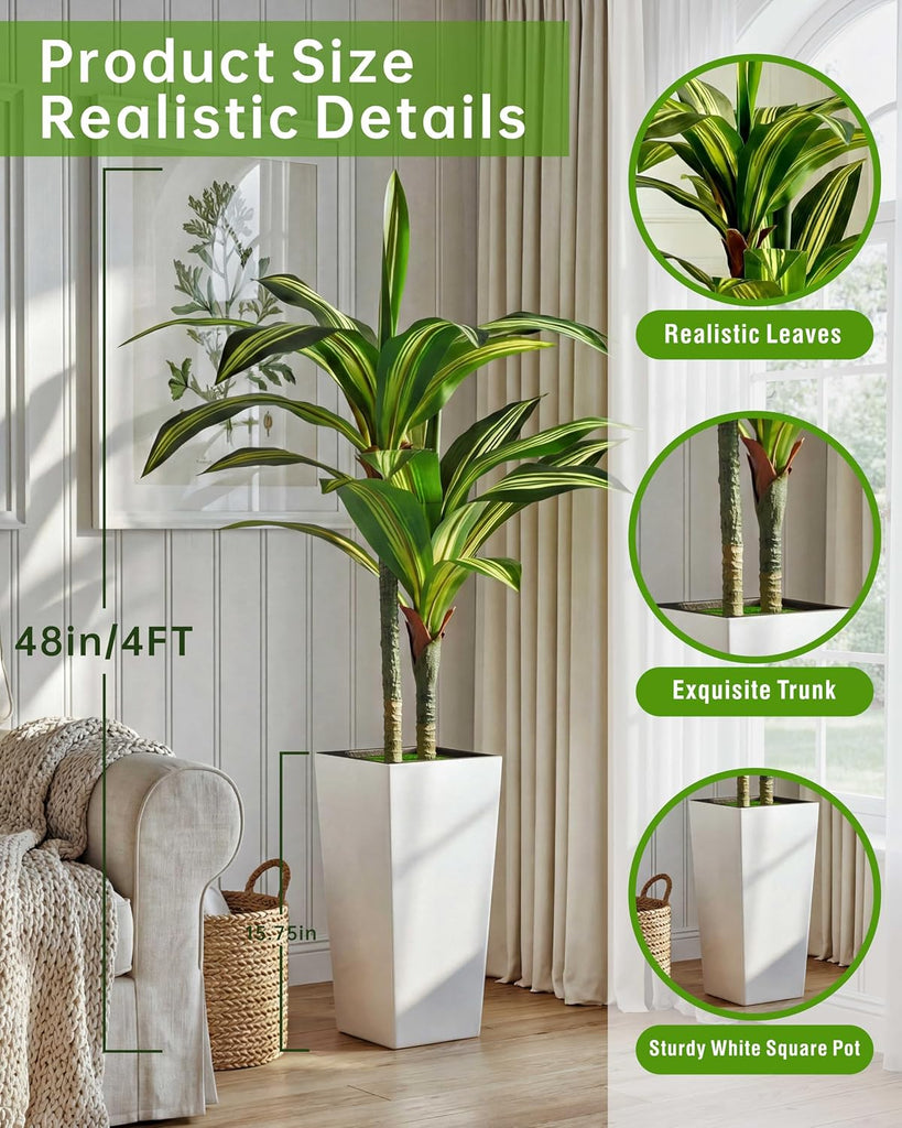 4FT Dracaena Artificial Plant, with White Tall Planter | Fake Tree Indoor,Lifelike Leaves,Leaves Are Easy to