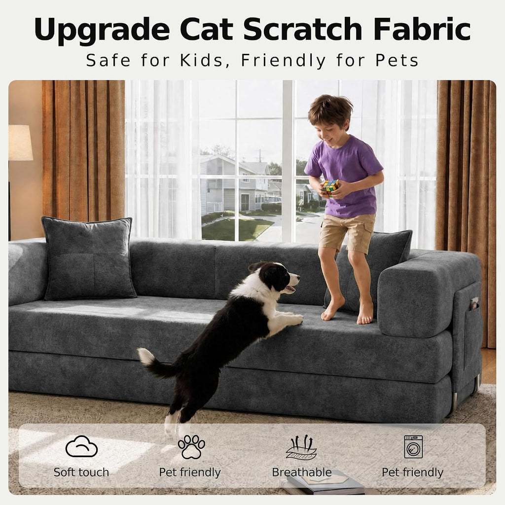 79" Convertible Sofa Bed, Boneless Couch . | Velour Futon Sofa Bed, Folding Sleeper Couch with Storage Pocket and 2