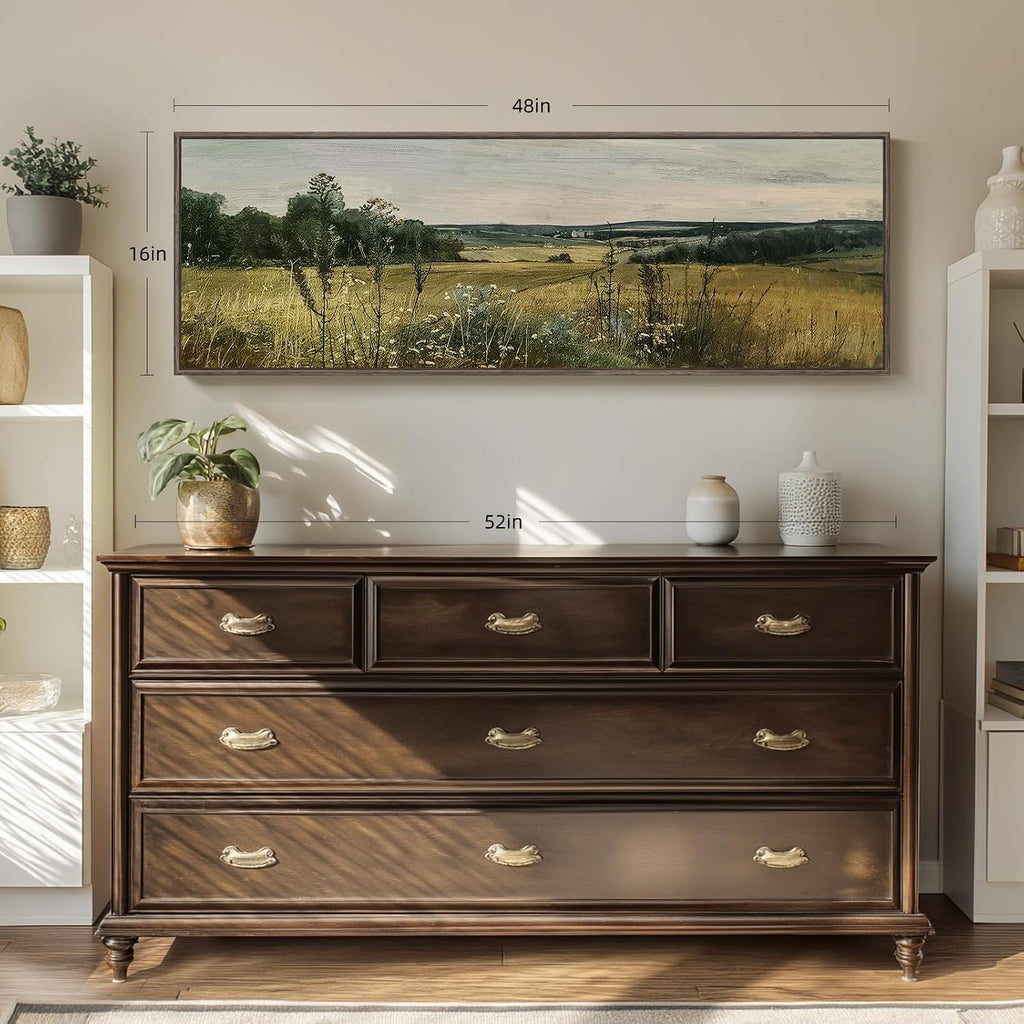 Extra Large Framed Landscape Rustic Wall Art , Vintage Scenery Canvas Artwork Prints, Countryside Vast Field