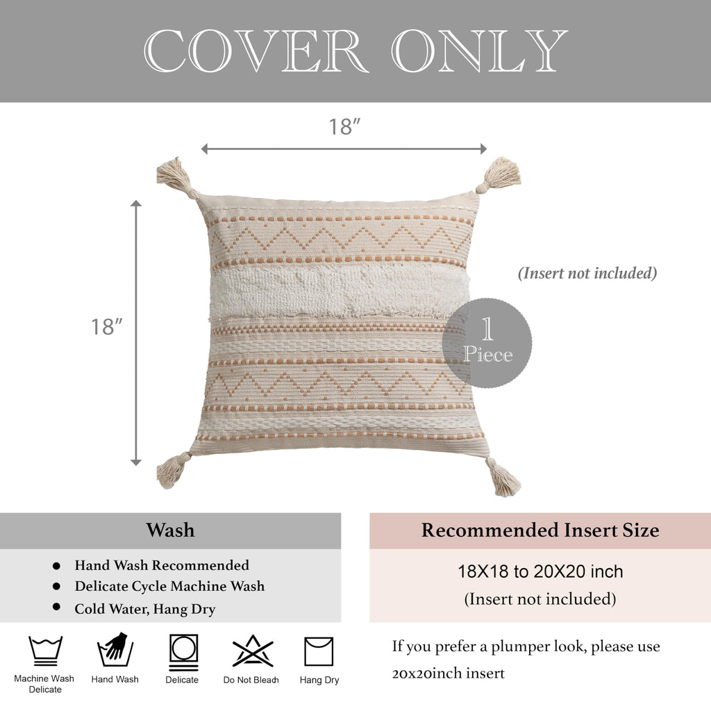 18X18 Throw Pillow Cover, Cream Neutral Beige Square Decorative Cushion Cover, Boho Accent Pillowcase with Tufted