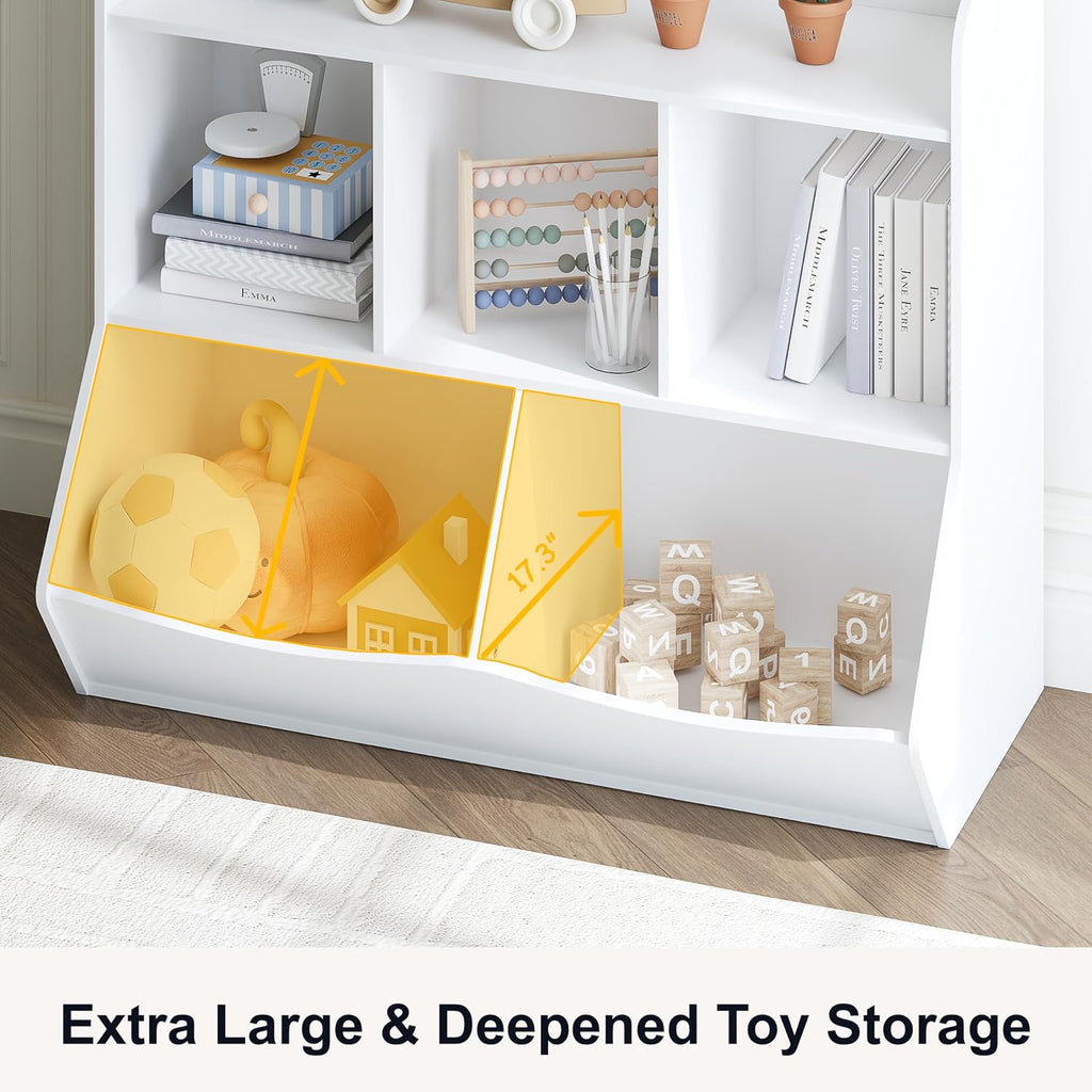 Toy Storage Organizer with Bookcase, Slanted Kids Toy Shelf Cubby | Multi Toy Storage Bookshelf, Spacious Shelves and