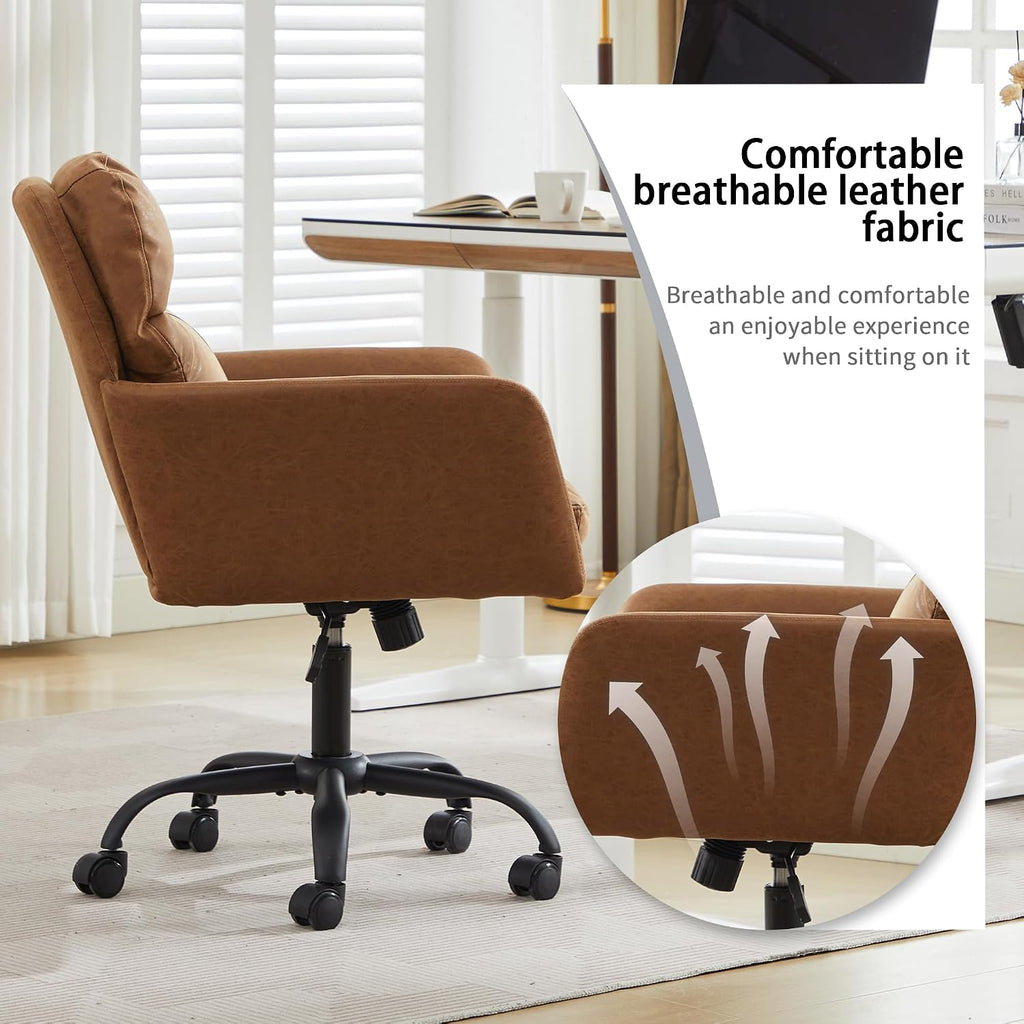 Adjustable Home Office Desk Chair with Comfy Square Mid-Back, Faux Leather 360 Swivel Upholstered Task Armchair with Wheels for Vanity Bedroom/Living Room,Study Brown