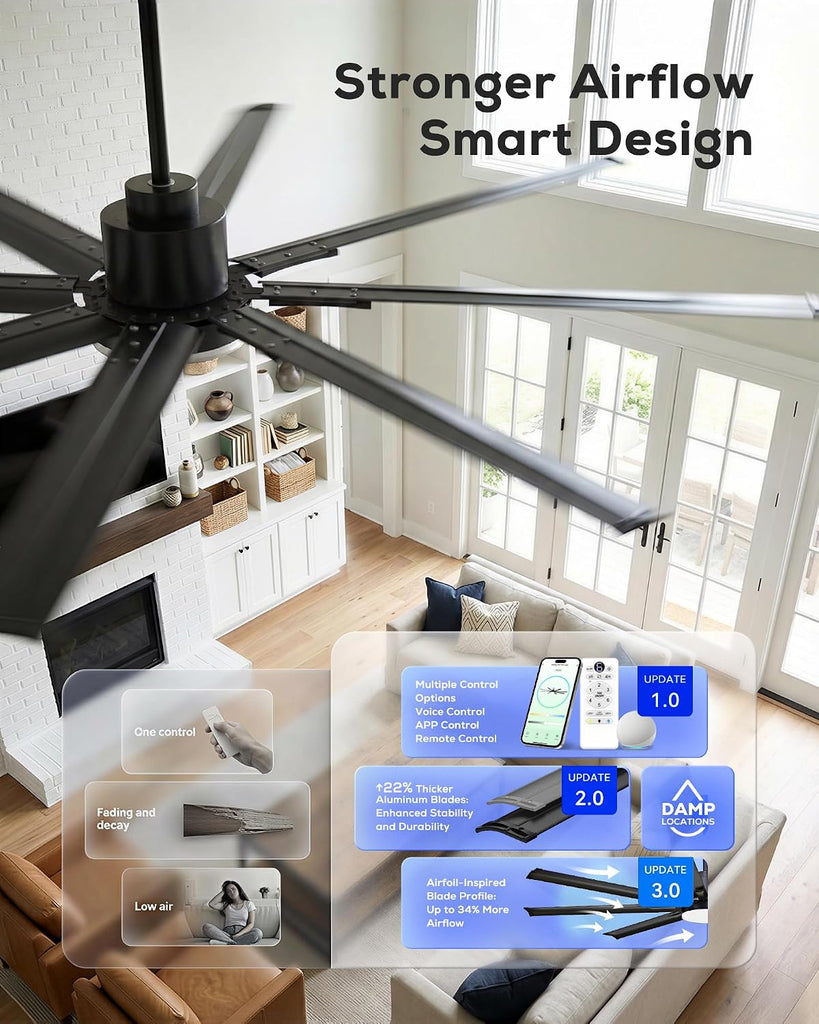 72 Inch Smart Ceiling Fan with Light, Industrial 8-Blade Black Aluminum Metal Outdoor Ceiling Fan