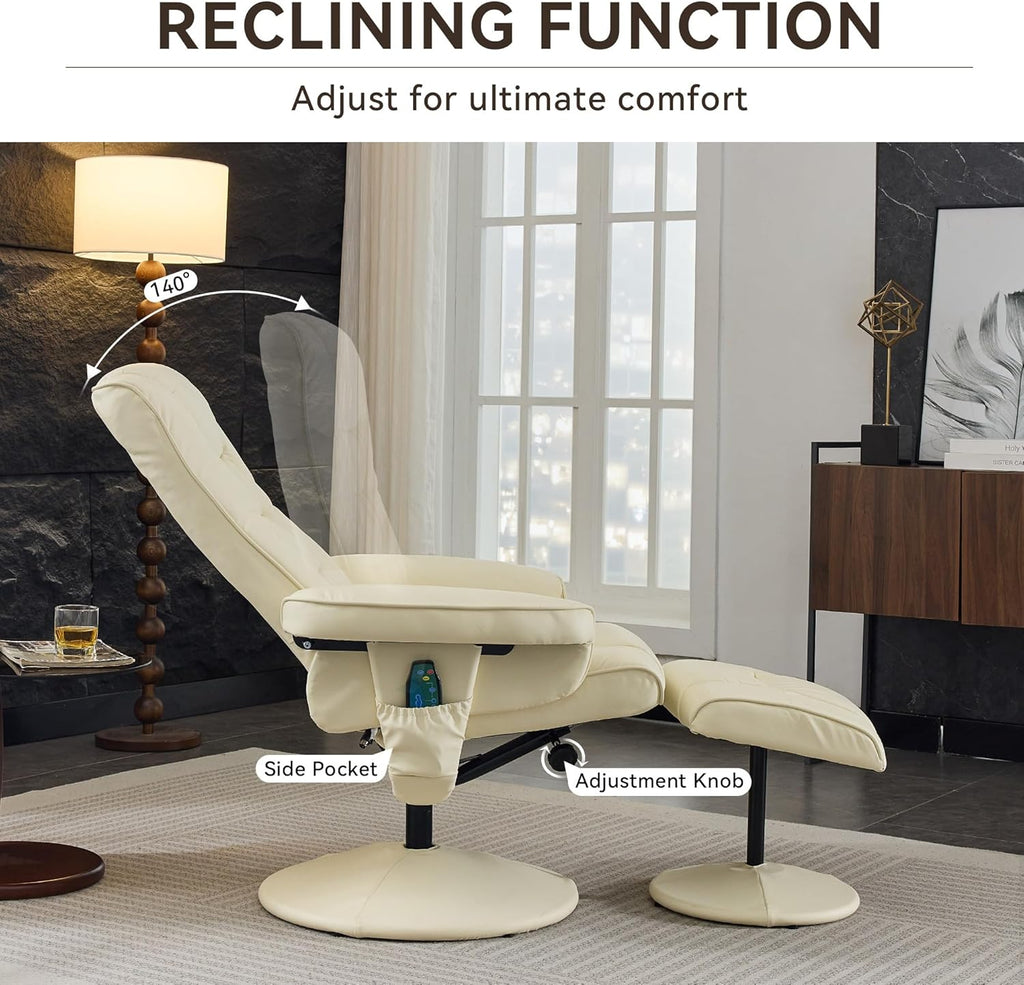 Modern Reclining Swivel Lounge Chair and Ottoman — Beige PU Leather
