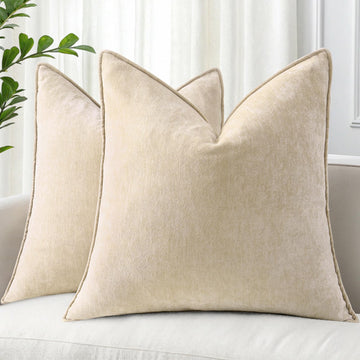 Chenille Beige Velvet Throw Pillow Covers 24x24 Set of 2