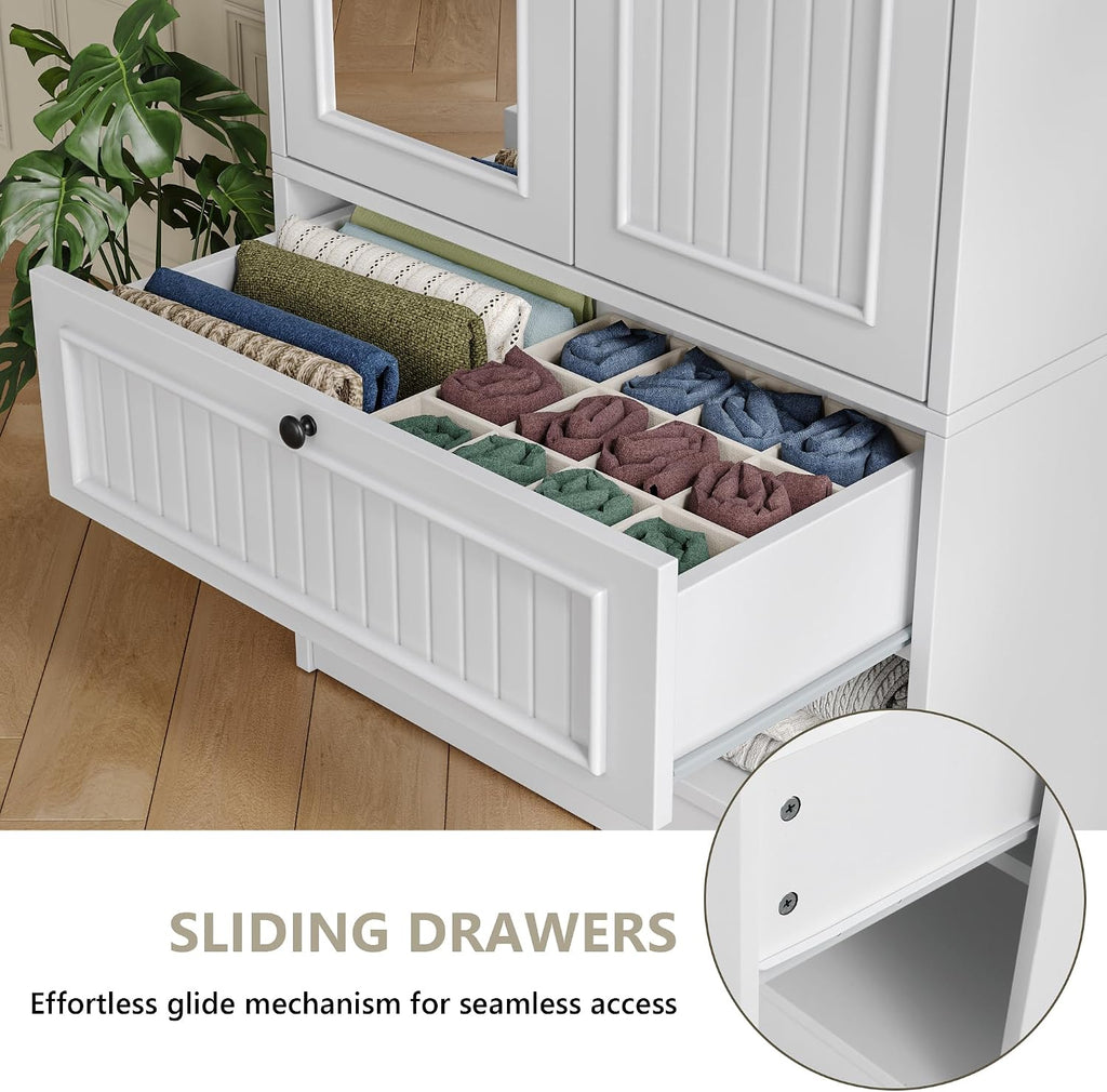 70" Armoire Wardrobe Closet with Doors & Mirror,Wooden Wardrobe with Drawers and 3 Side Hooks,Large Freestanding